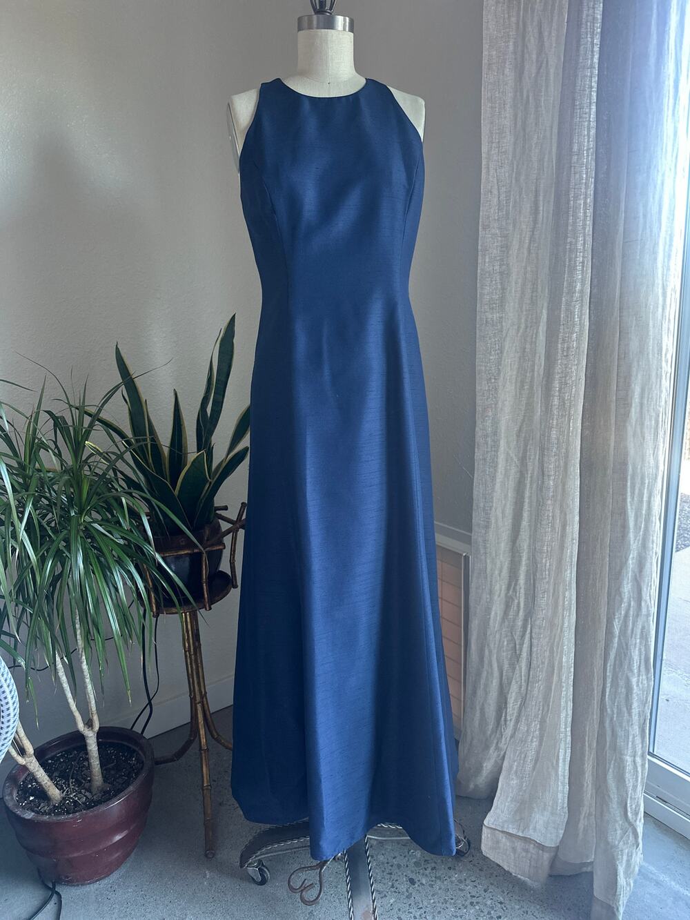 Vintage Women’s Medium Gown Blue Silk Halter Maxi Dress Open Back Bow Detail